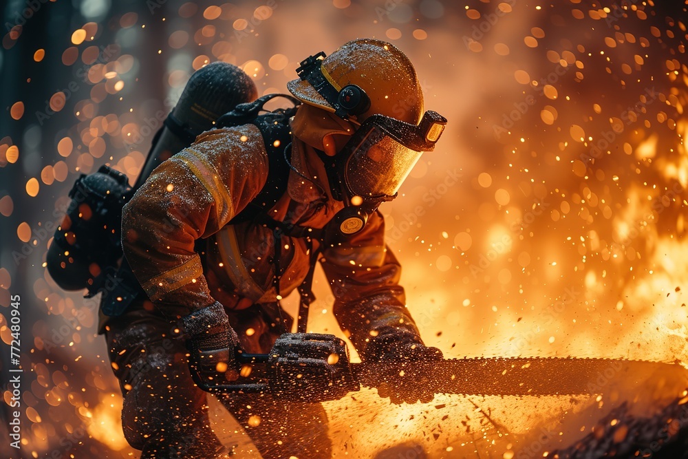 A firefighter using a chainsaw to create an escape route through a burning building, sparks flying, smoke billowing A firefighter using a chainsaw to create an escape route through a burning building, sparks flying, smoke billowing