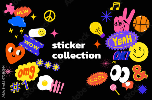 Collection of trendy retro sticker cartoon shapes. Funny comic character art and quote patch bundle. Modern slang word  catchphrase sign  text slogan. Collection of various patches  labels  tags