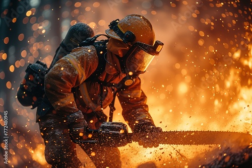 Wallpaper Mural A firefighter using a chainsaw to create an escape route through a burning building, sparks flying, smoke billowing Torontodigital.ca
