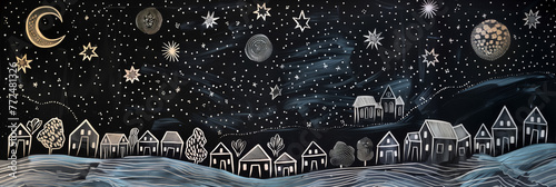 An expansive night scene with stylized houses and trees under a sky dotted with stars, planets, and a crescent moon.