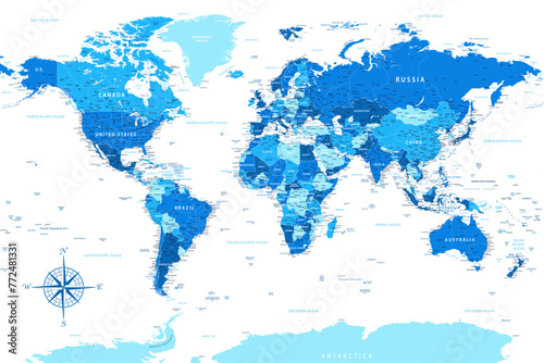 Fototapeta Naklejka Na Ścianę i Meble -  World Map - Highly Detailed Blue Colored Vector Map of the World. Ideally for the Print Posters.