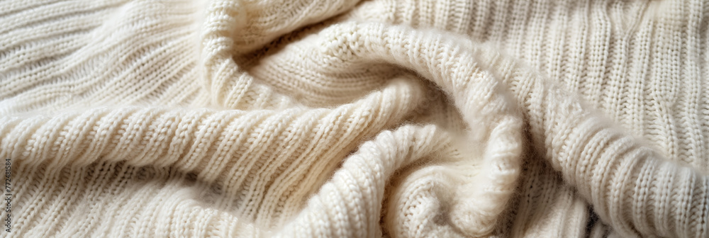 A panoramic image of a cozy white knitted sweater spread out, displaying its intricate cable patterns and soft texture.