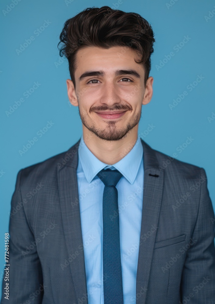 a young man wearing professional attire who smiles and looks directly at the camera against a blue solid color background a young man wearing professional attire who smiles and looks directly at the camera against a blue solid color background