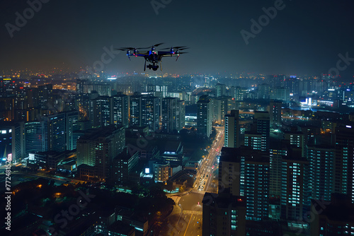 Drone above the city at summer night. Neural network generated image. Not based on any actual scene or pattern.
