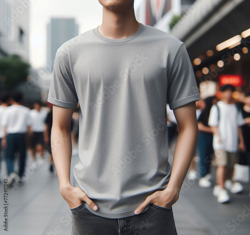 AI generated photo of a man wearing a plain gray t-shirt for mockup design