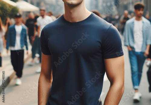 AI generated photo of a man wearing a plain navy blue t-shirt for the mockup design photo