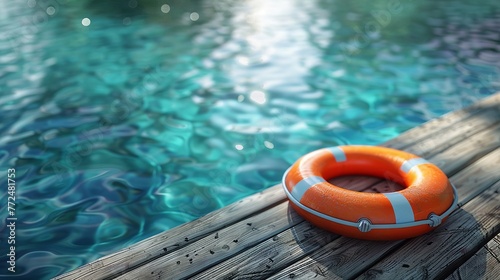 Bright orange lifebuoy on wooden dock beside sparkling blue pool water