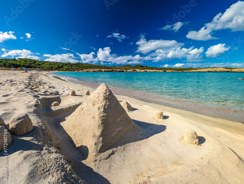 Areal drone view of Arenal de Son Saura beach at Menorca island, Spain photo