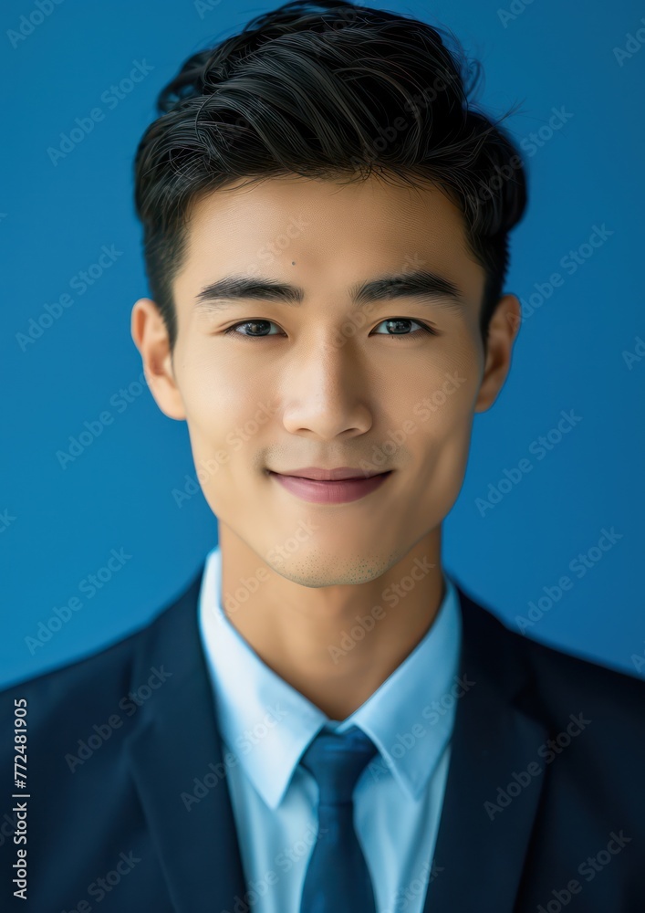 Smiling and looking directly at the camera, a young man wearing professional attire poses against a blue solid color background in this photo.
Smiling and looking directly at the camera, a young man wearing professional attire poses against a blue solid color background in this photo.