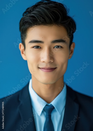Smiling and looking directly at the camera, a young man wearing professional attire poses against a blue solid color background in this photo. 