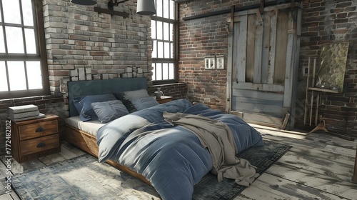 Modern bedroom with loft interior design. An aged brick wall with a grunge look and a rustic bed with blue linen and a storage unit.