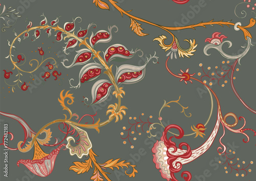 Fantasy, alien hypnotic flowers, decorative flowers and leaves. Cartoon style. Millefleurs trendy floral design. Seamless pattern, background. Outline hand drawing vector illustration.