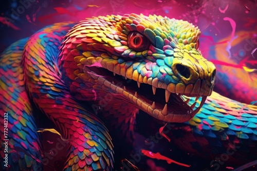 Shiny colorful snake in floral nature. Wildlife dangerous poisonous reptile species. Generate ai