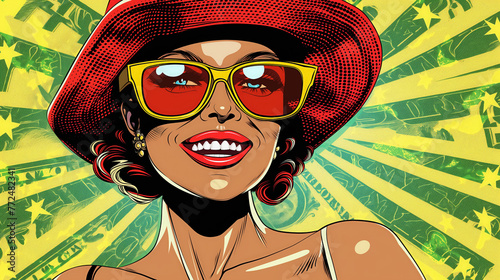 A vibrant pop art image of a fashionable woman with a wide-brimmed hat and red sunglasses, exuding confidence and charm.
