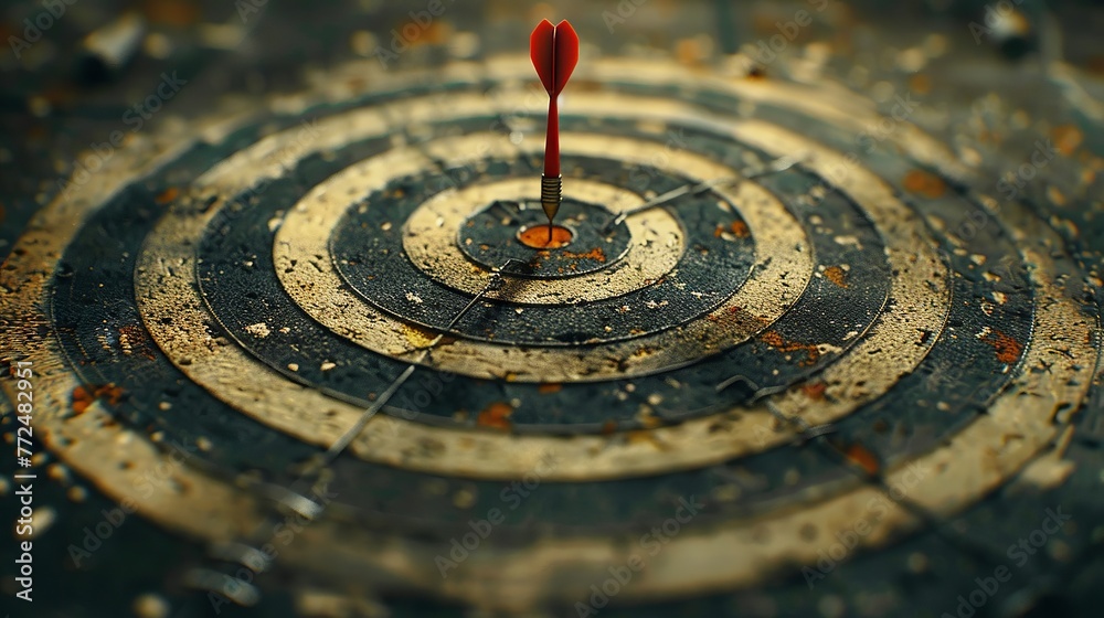 Lone dart sticks true in the center of a spiraled target on a muted surface Lone dart sticks true in the center of a spiraled target on a muted surface