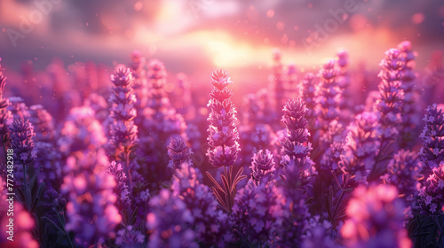Blooming purple lavender in field at sunset  close-up. Lavender sprigs  fragrant flowers  ingredient for making perfumes and cosmetics. Beautiful natural background.
