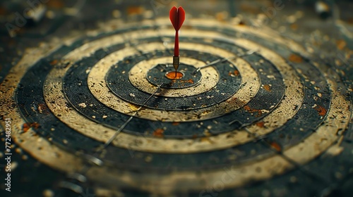 Lone dart sticks true in the center of a spiraled target on a muted surface
