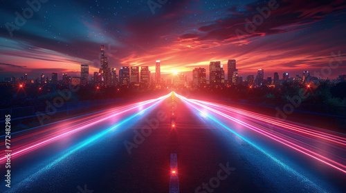 Evening cityscape, with tall skyscrapers illuminated by white and blue lights. The long exposure technique highlights the movement of cars on a multi-lane highway, leaving colorful glowing trails. photo