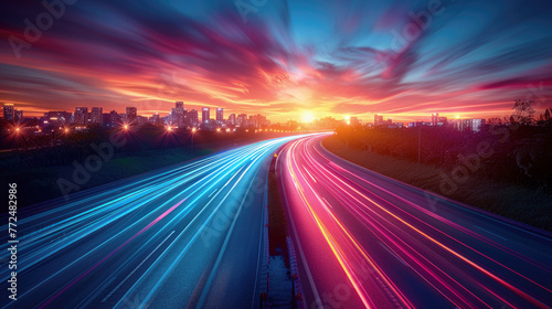Long exposure of a road with blue and red light trails of passing vehicles at night city background.
