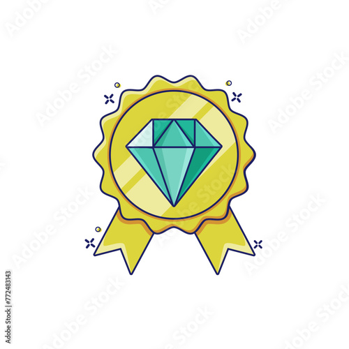 Premium quality icon with diamond and ribbon badge on white background. Diamond award cartoon vector illustration