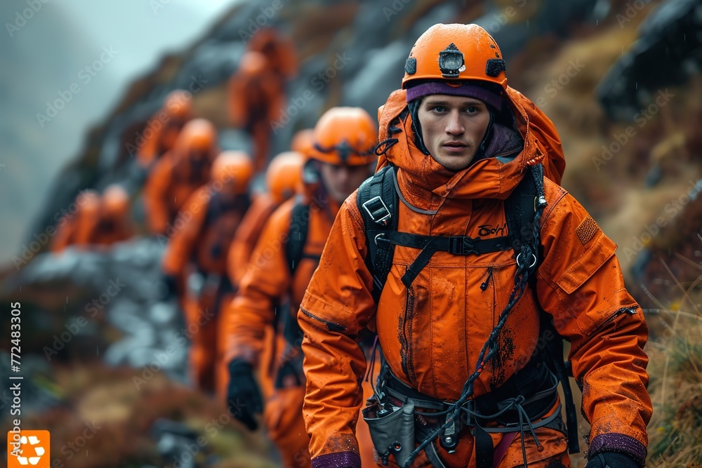 A mountain rescue team member leading a group of hikers down a steep and rocky mountainside, carefully navigating the terrain A mountain rescue team member leading a group of hikers down a steep and rocky mountainside, carefully navigating the terrain