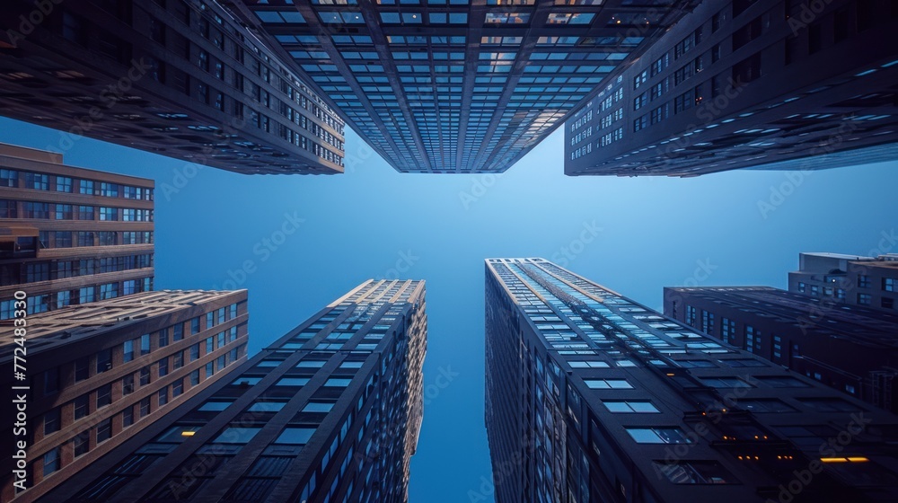 Fototapeta premium Urban Giants: Gazing Up at New York City Skyscrapers