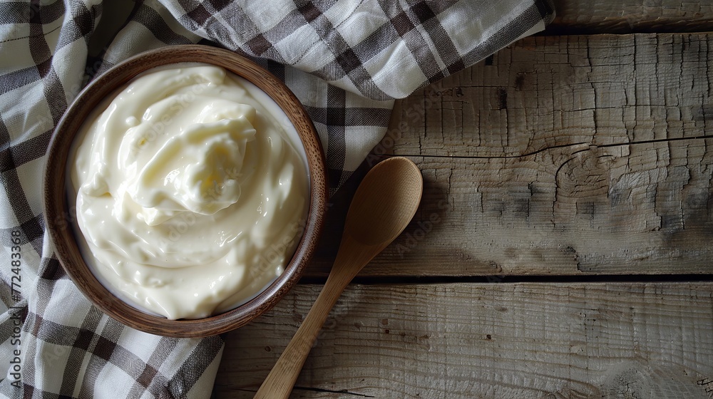 Bowl of thick creamy yogurt with a wooden spoon on rustic table with checkered napkin Bowl of thick creamy yogurt with a wooden spoon on rustic table with checkered napkin