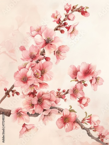 Chinese watercolor painting of a cherry blossom branch with light pink flowers