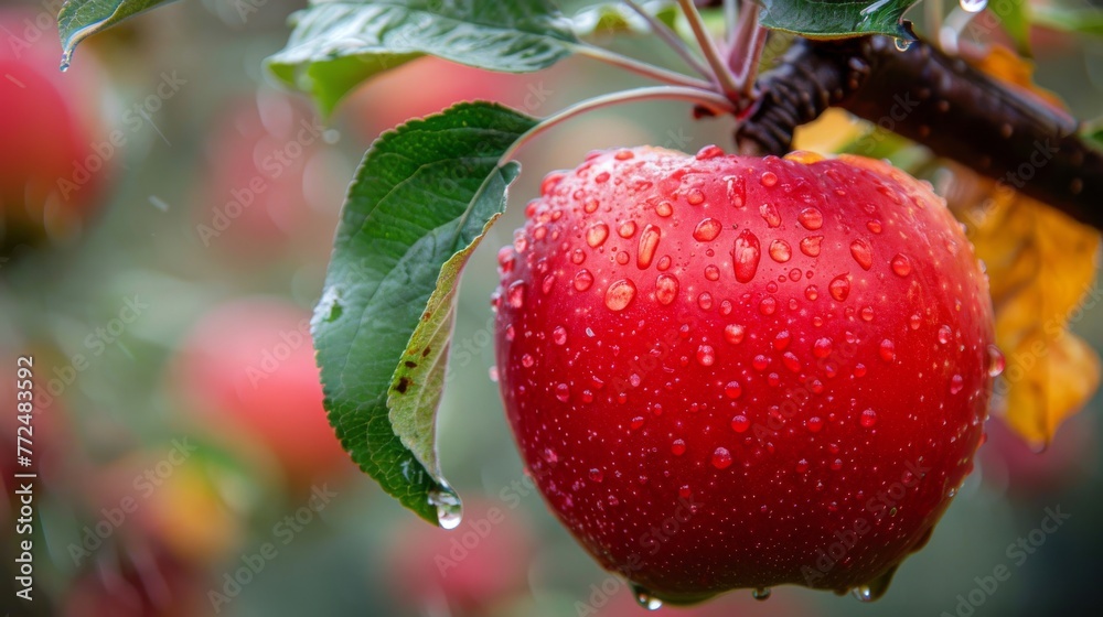 Obraz premium Ripe Red Apples Hanging From Tree