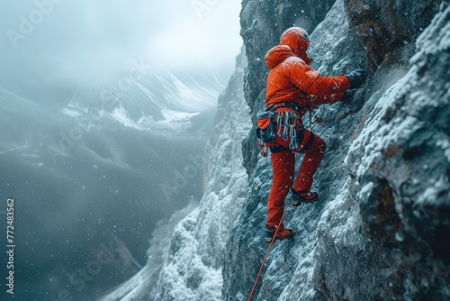 A mountain rescue team member rappelling down a rocky cliff to reach an injured climber, surrounded by sheer drops