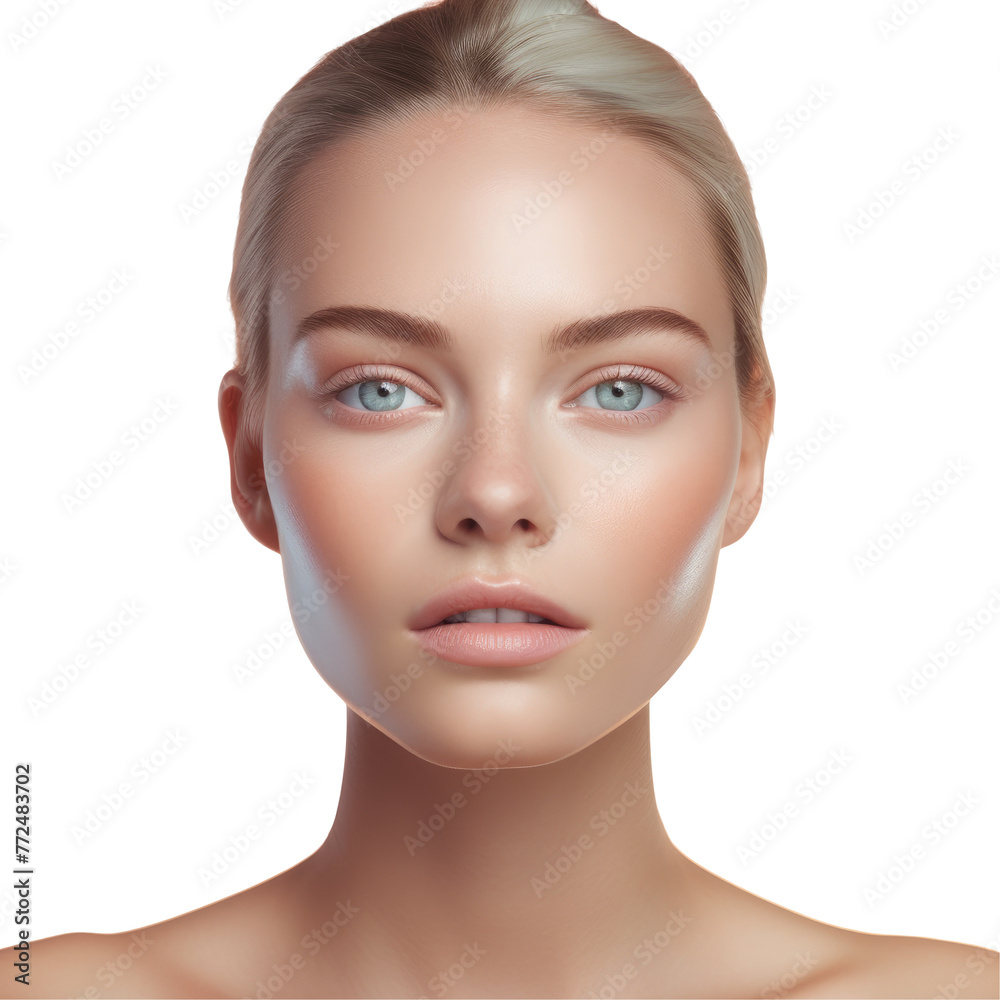 A closeup shot revealing the details of a womans beautiful features forehead, nose, cheek, lip, hairstyle, eyebrow, eyelash, jaw, neck, and ear against a transparent background on transparent
