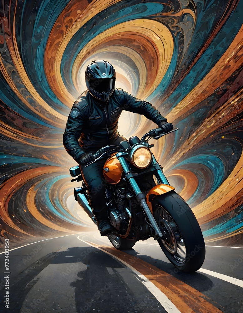 Artistic Representation of a Motorcycle Rider in Motion, Surrounded by a Swirl of Vibrant Colors, Generative AI