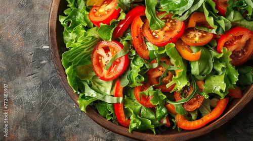 Fresh garden salad with crisp lettuce, ripe tomatoes, and sliced bell peppers on top