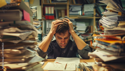 man stressed with many paperwork on office desk © The Stock Photo Girl