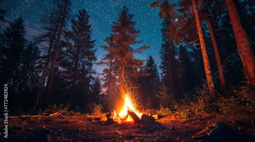 a camping fire in the forest under the stars in a summer day