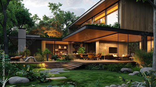 Warm wooden exterior of a modern house with large windows and lush greenery © Putra