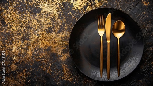 Elegant dinner setting with dark plates and golden cutlery on a rustic table