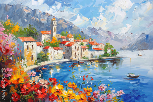 beautiful oil painting of an old mediterranean european town
