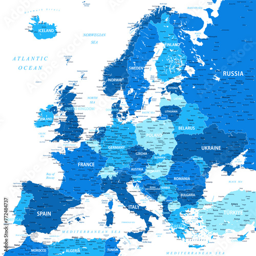 Europe - Highly Detailed Blue Colored Vector Map of the Europe. Ideally for the Print Posters