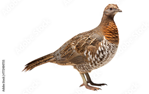 A majestic bird with vibrant plumage perched gracefully on a clean white background