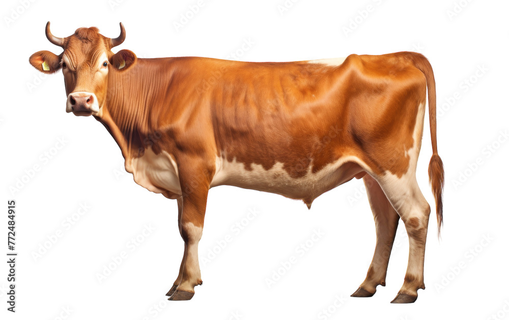A brown and white cow gracefully standing on a white background