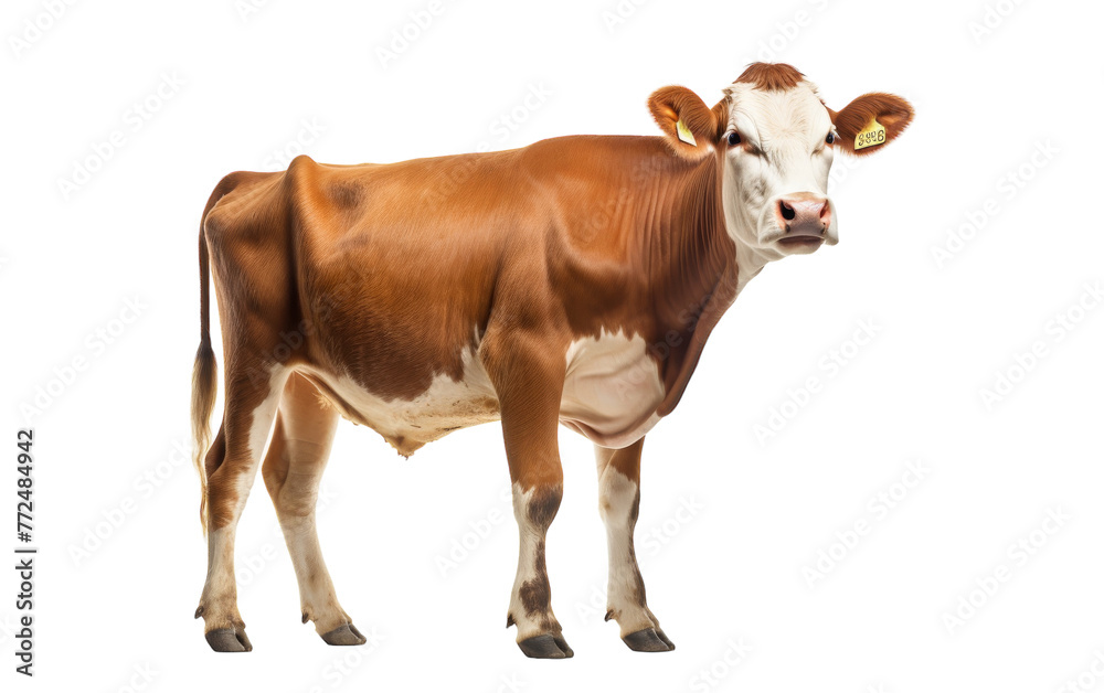 Brown and white cow peacefully standing in front of a pure white background