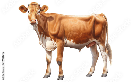 A majestic brown and white cow stands gracefully in front of a pristine white background