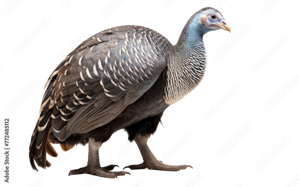 A striking bird perched gracefully, captured up close against a pristine white background A striking bird perched gracefully, captured up close against a pristine white background