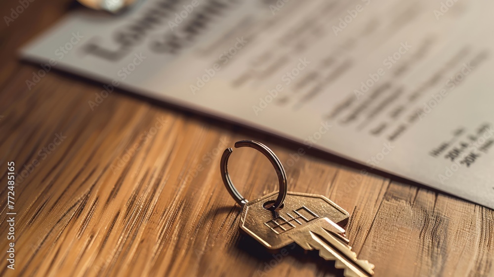 Warm-toned detailed lease document with metal house-shaped keychain on wooden surface Warm-toned detailed lease document with metal house-shaped keychain on wooden surface