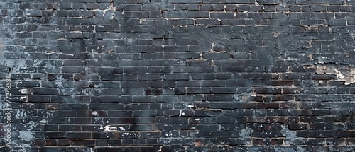 Wide angle shot of an aged black brick wall with peeling paint and scattered flaking, ideal for backgrounds.