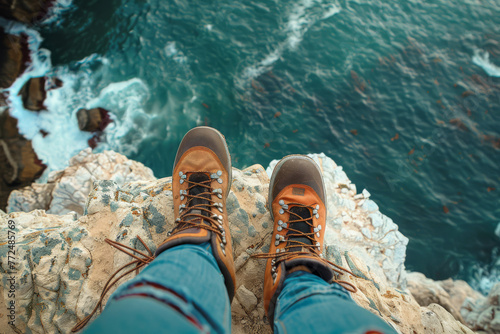 Feet in hiking boots on top of a cliff overlooking a beautiful oceanfront landscape. © Evgeniia