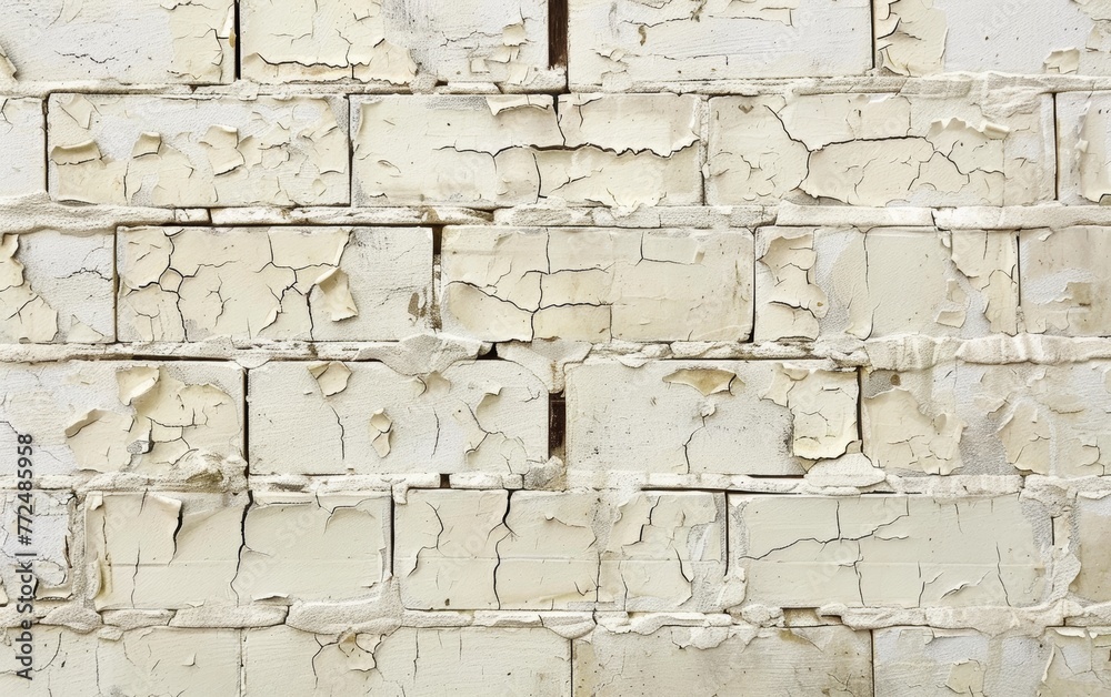 Fototapeta premium Wide view of an old white brick wall with substantial paint peeling, emphasizing the texture and pattern.