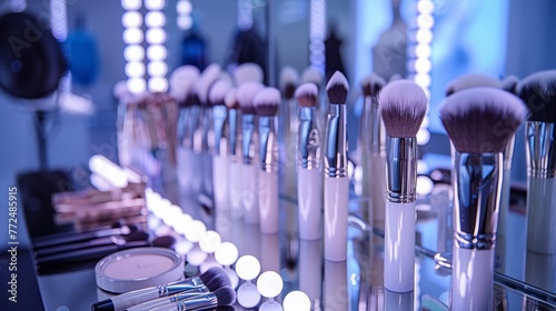Backstage makeup station with illuminated mirror, professional brushes and white gown photo