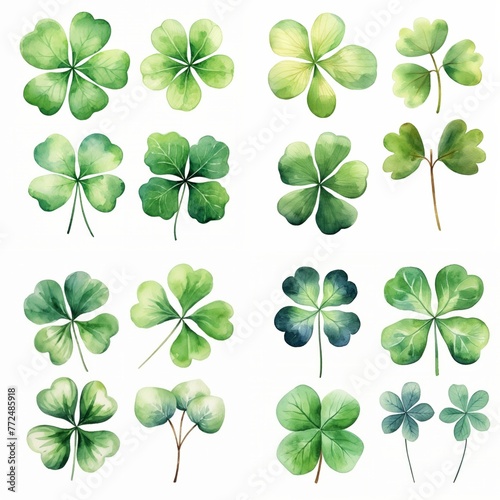 hand drawn watercolor shamrock four leaf clover isolated